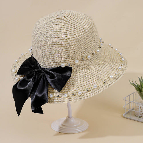 Damen Eleganter Strohhut mit breiter Krempe und dekorativem Satinband W&W Mode