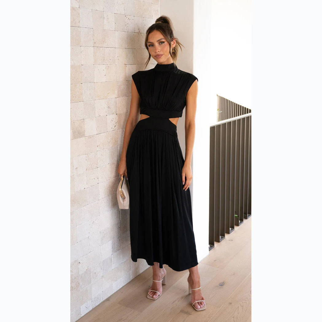 Damen elegantes Maxikleid mit hohem Kragen und seitlichen Cut-Outs W&W Mode