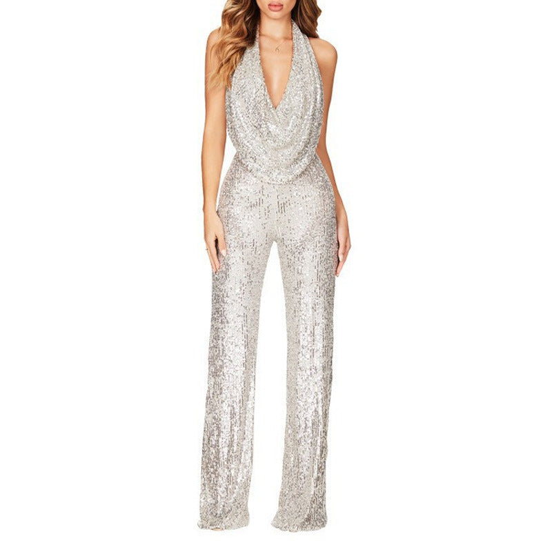 Damen Glamouröser Jumpsuit mit schimmerndem Paillettenbesatz und tiefem V-Ausschnitt W&W Mode