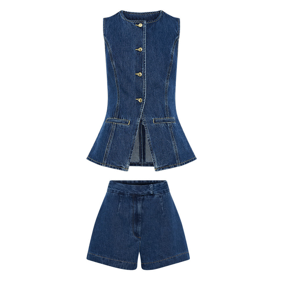 W&W Mode | Denim Slim Fit Weste Shorts Zweiteiliges Set