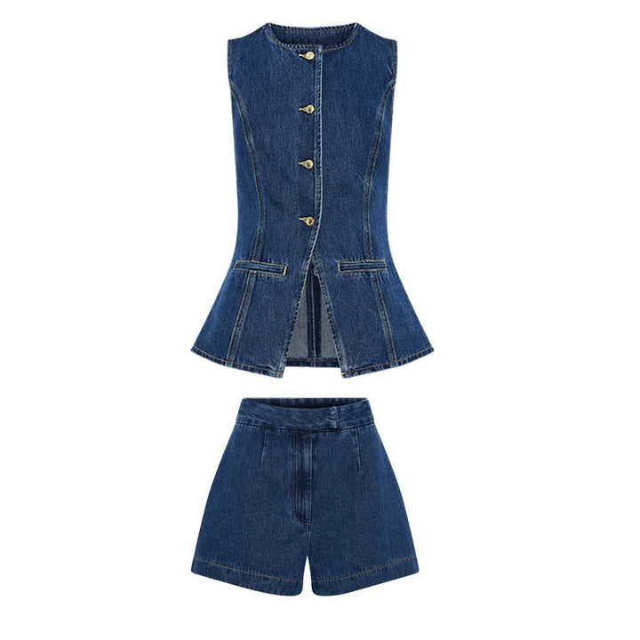 W&W Mode | Denim Slim Fit Weste Shorts Zweiteiliges Set