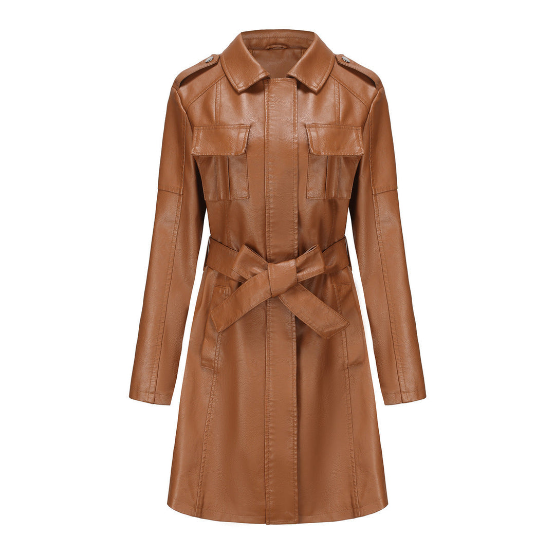 W&W Mode Style - Luxuriöser Leder-Mantel mit Gürtel für anspruchsvolle Damen
