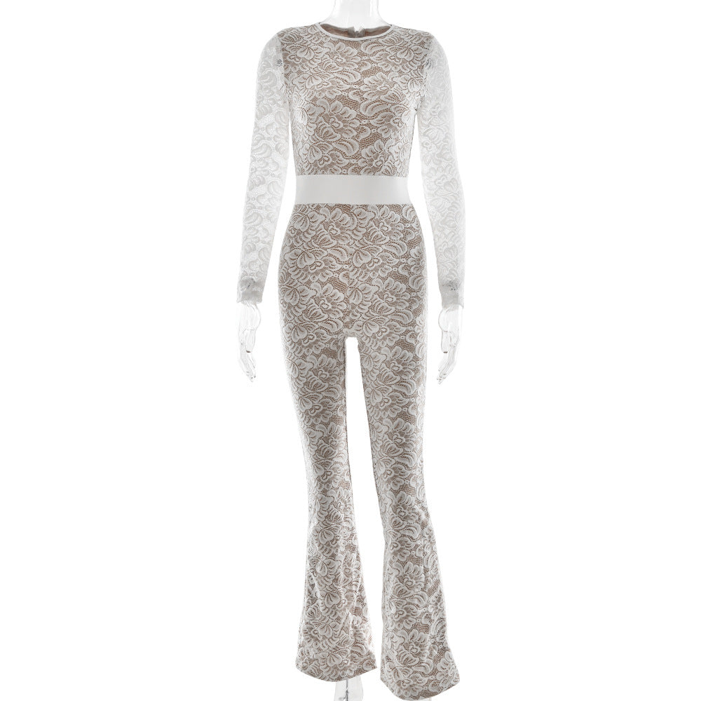 Damen Eleganter Spitzen-Overall mit floralen Motiven W&W Mode