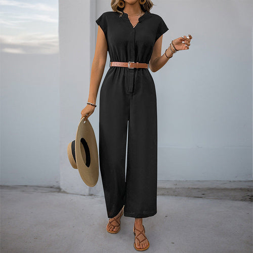 Damen Jumpsuit mit elegantem Taillengürtel und modernem V-Ausschnitt W&W Mode