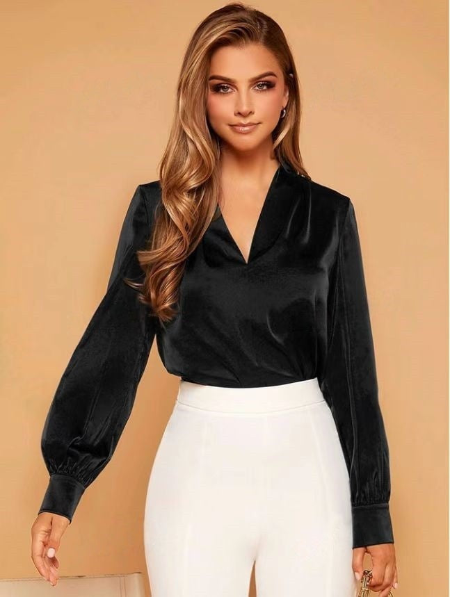 W&W Mode | V-Ausschnitt Langarm Satin Bluse