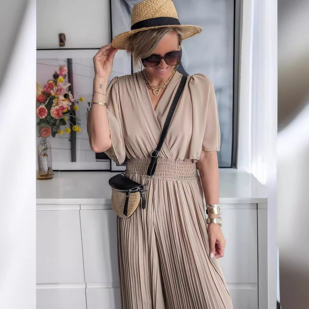 Damen Eleganter Jumpsuit mit tiefem V-Ausschnitt und voluminösen Ärmeln W&W Mode