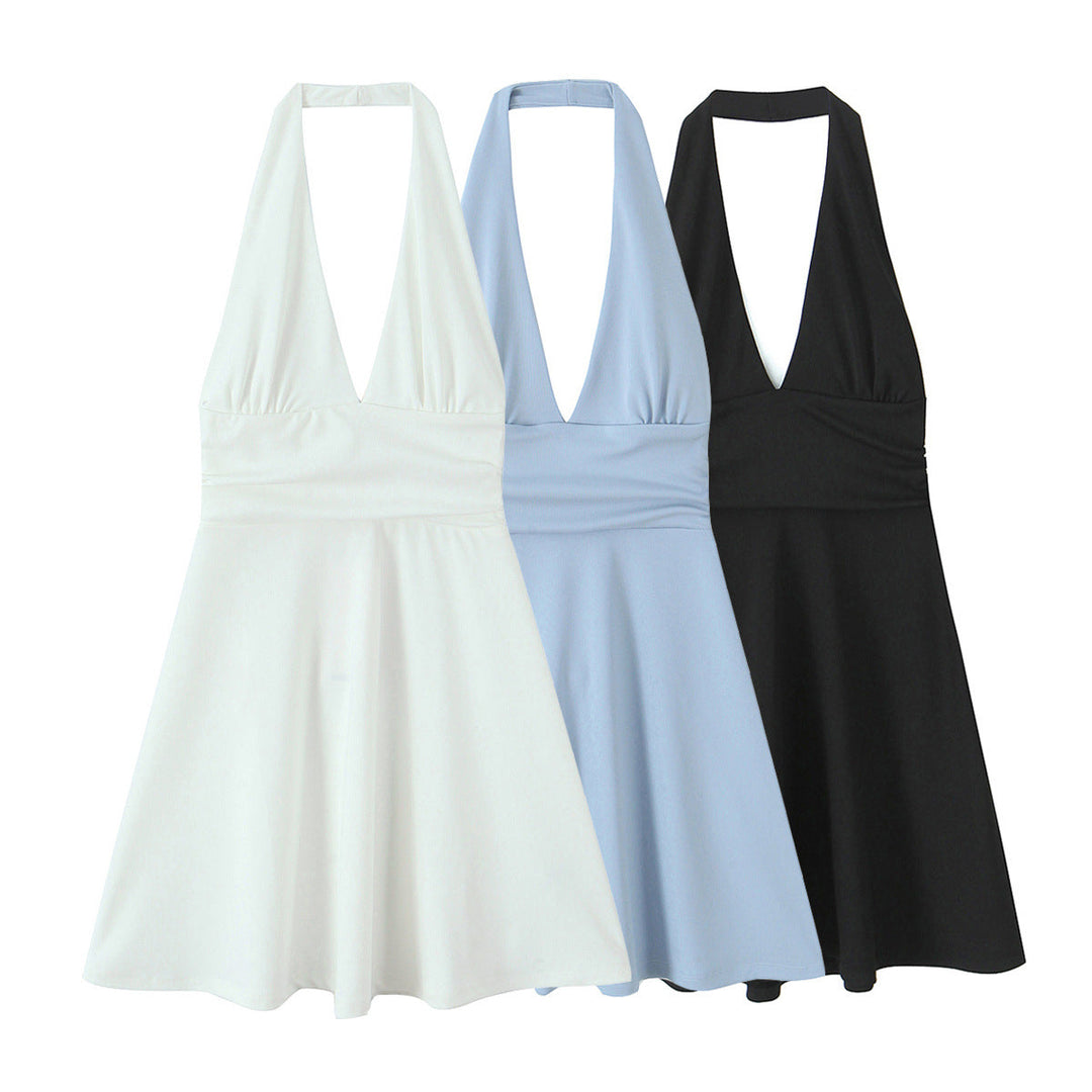 Damen Halterkleid mit tiefem V-Ausschnitt und fließendem Rock W&W Mode