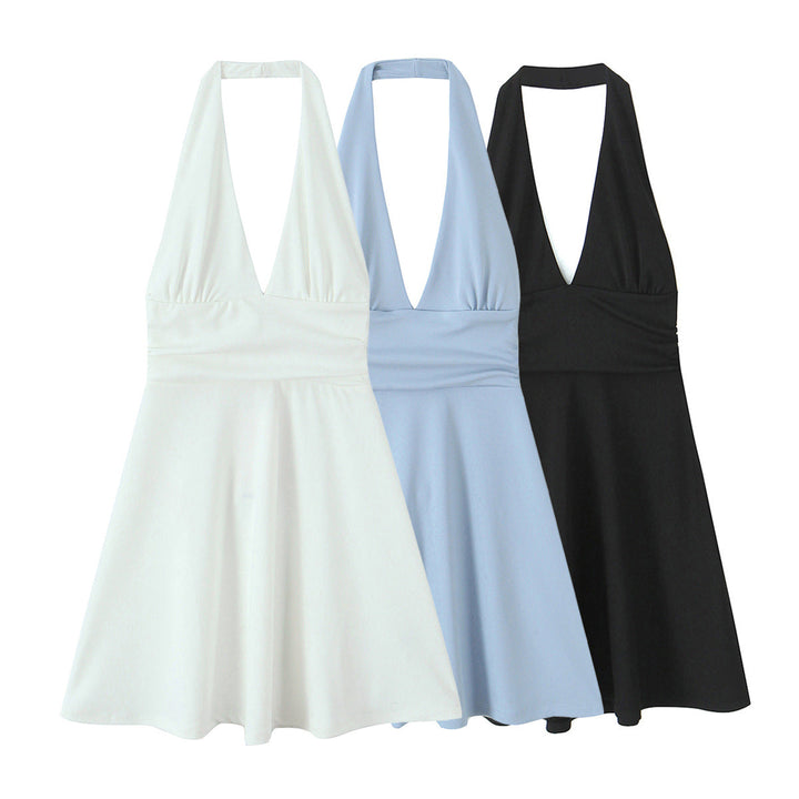 Damen Halterkleid mit tiefem V-Ausschnitt und fließendem Rock W&W Mode