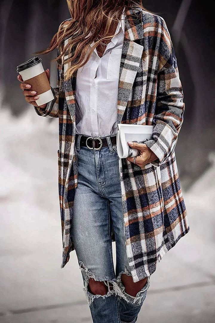 W&W Mode | Lässiger Wollmantel mit Revers-Taschen und Karomuster für Damen | Stilvoll und Bequem
