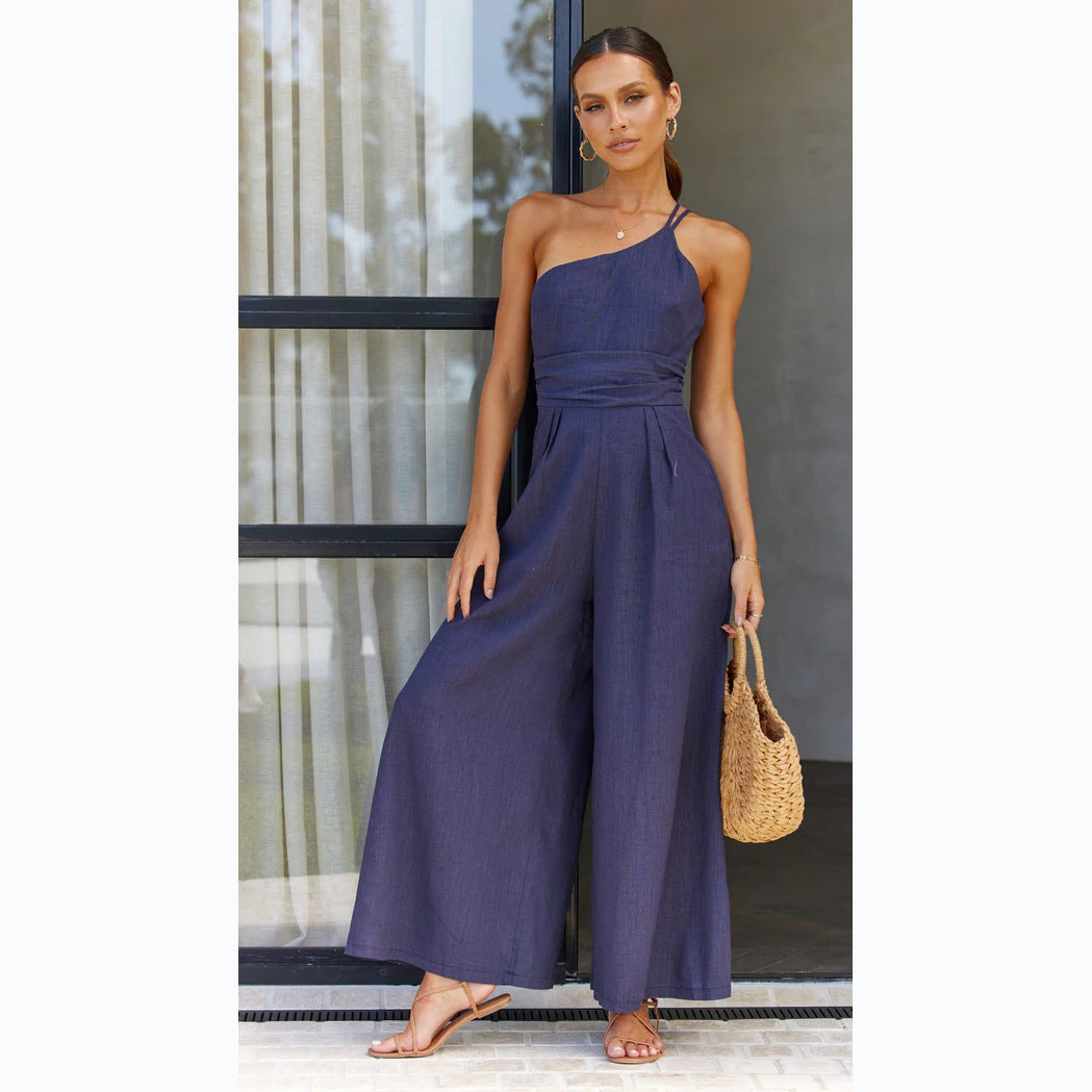 Damen Jumpsuit mit weitem Bein und schickem Spaghettiträger W&W Mode
