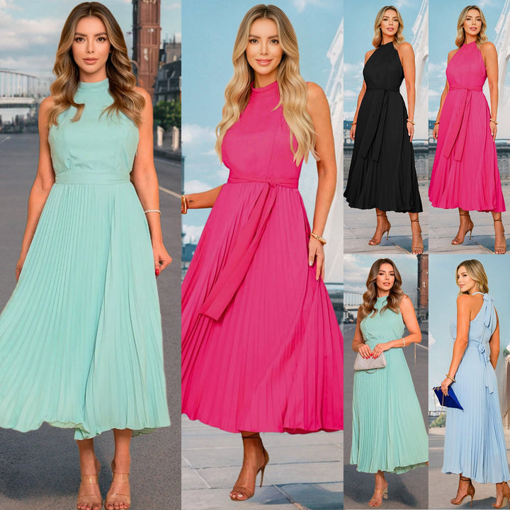 Damen Plissee Maxikleid mit elegantem Rundhalsausschnitt und fließendem Fall W&W Mode