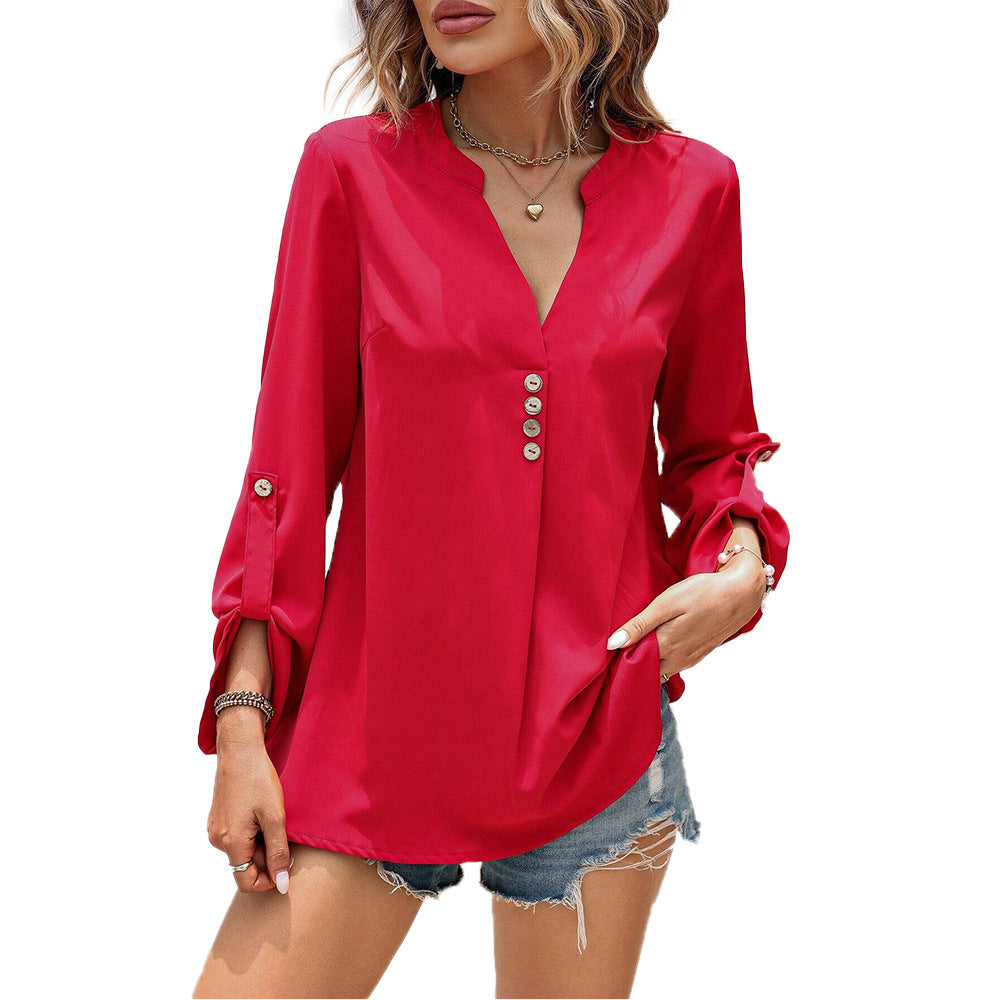 Damen Bluse mit elegantem V-Ausschnitt und raffinierten Knopfdetails W&W Mode