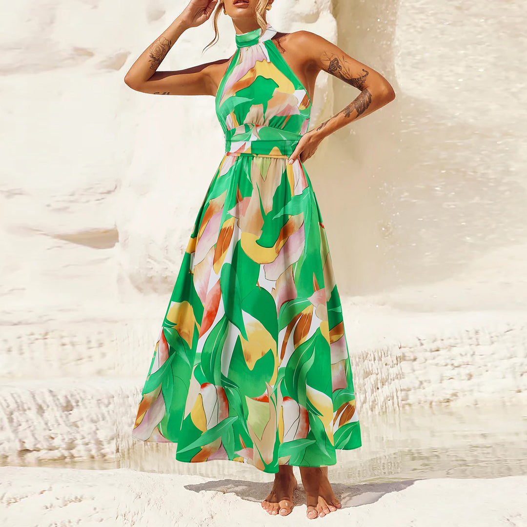 Damen Maxikleid mit hochgeschlossenem Kragen und buntem Blätterdruck W&W Mode