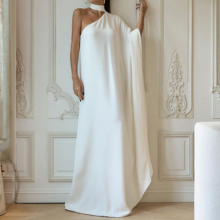 Damen elegantes One-Shoulder Abendkleid mit fließendem Stoff und schickem Kragen W&W Mode