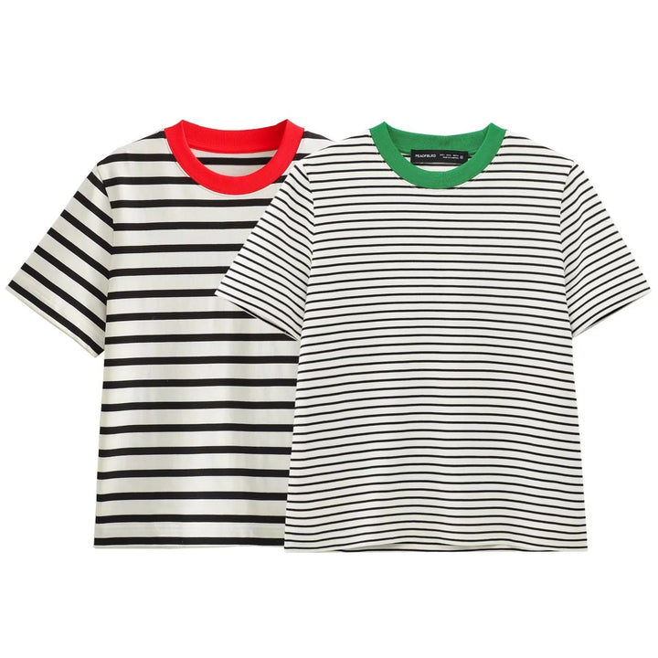 Damen Freizeit T-Shirt mit kontrastierendem Kragen und lässigem Streifenmuster W&W Mode
