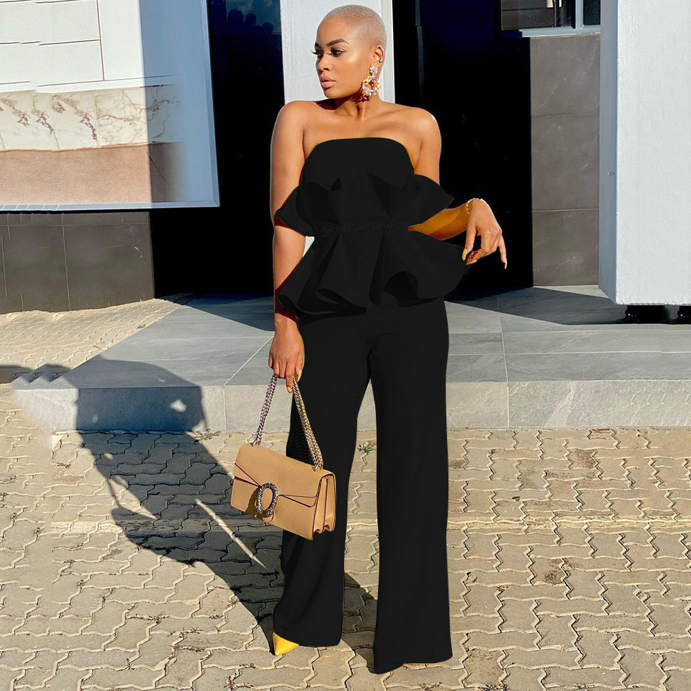 Damen Jumpsuit mit voluminösem Rüschendesign und schulterfreiem Oberteil W&W Mode