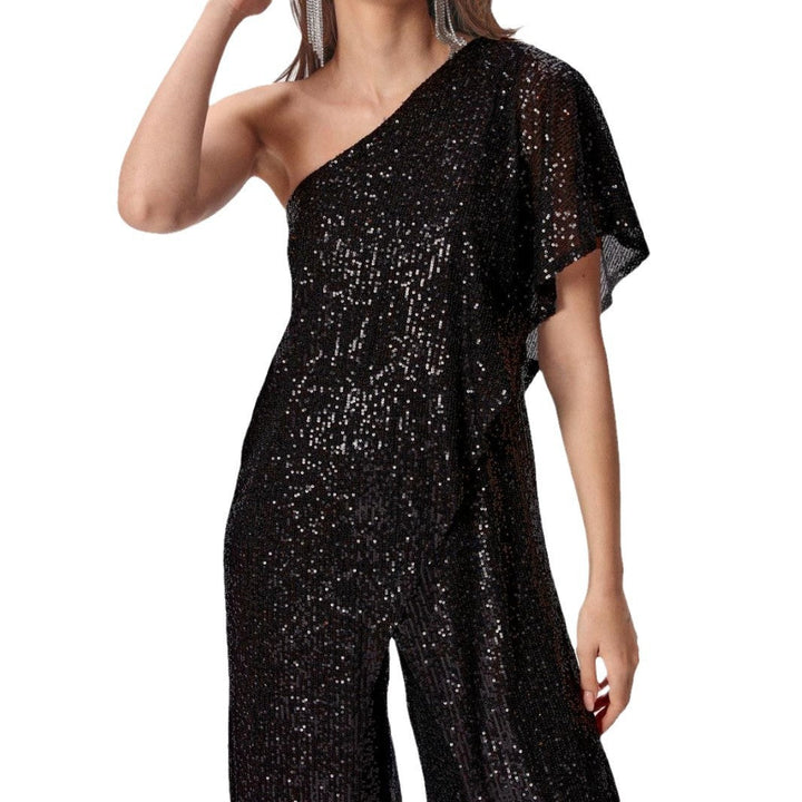 Damen Einseitiger Pailletten Jumpsuit mit weiter Hose W&W Mode
