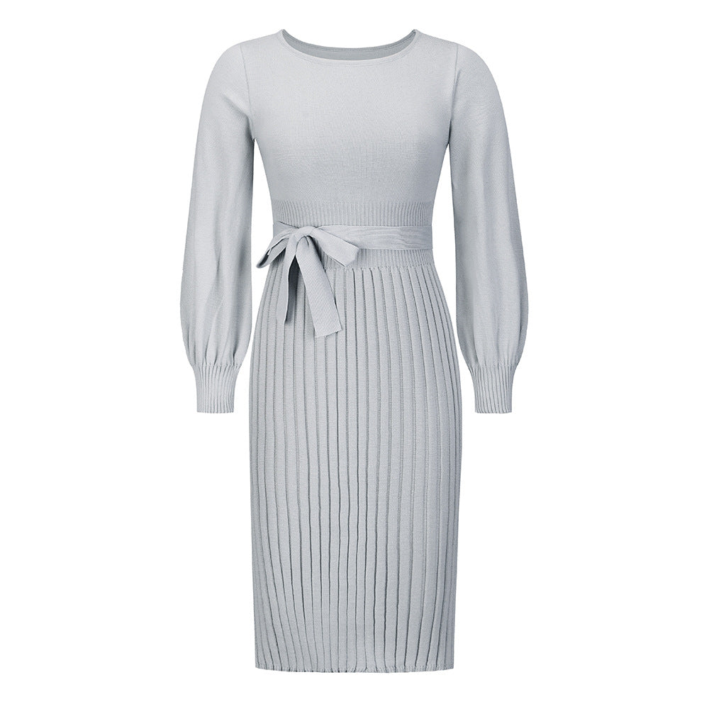 Damen Strickkleid mit taillierbarem Gürtel und langen Ärmeln W&W Mode