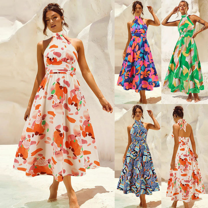 Damen Maxikleid mit hochgeschlossenem Kragen und buntem Blätterdruck W&W Mode