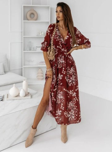 W&W Mode | Kurzarm Split Chiffon Bedrucktes Maxikleid