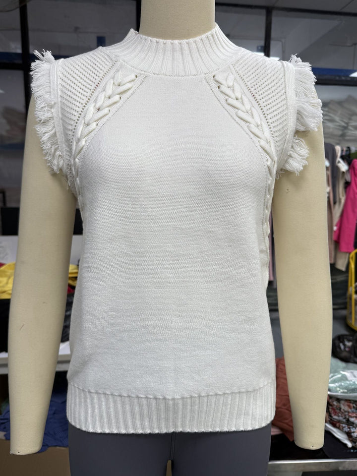 Damen elegantes Stricktop mit raffiniertem Häkelmuster und Fransen W&W Mode
