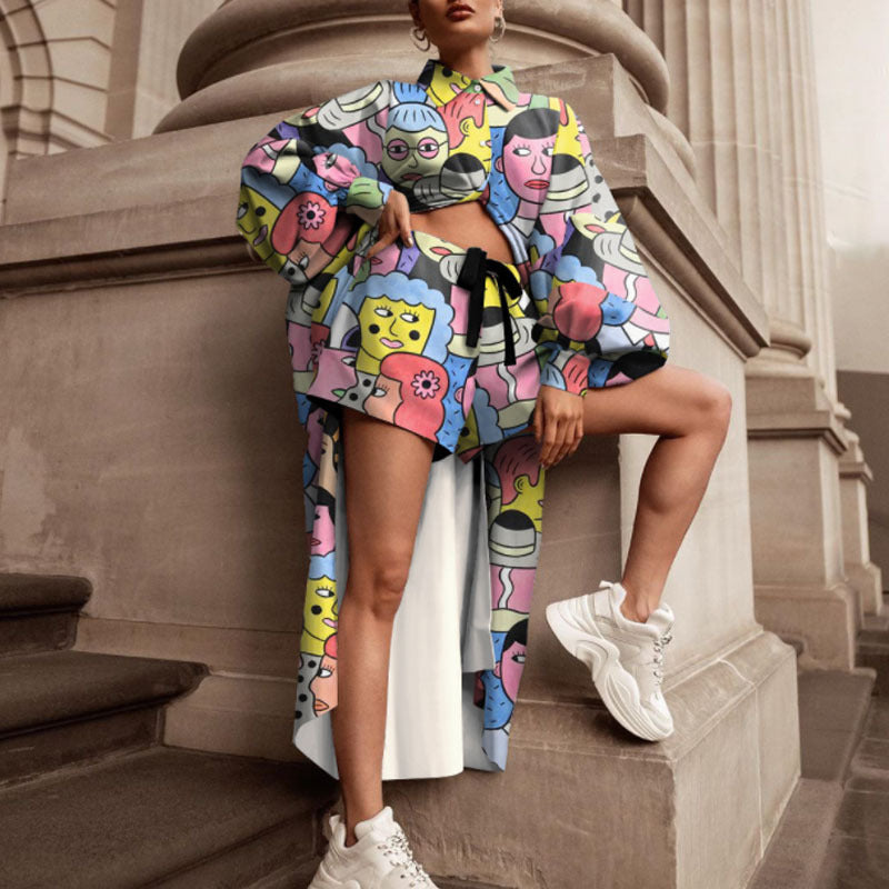 Damen Oversized Hemd mit grafischem Print und kurzer Hosenkombination W&W Mode
