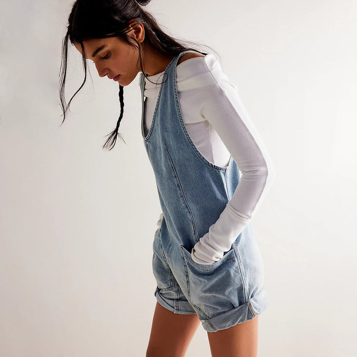 W&W Mode | Gewaschene Denim Adjustable Strap Shorts Jumpsuit