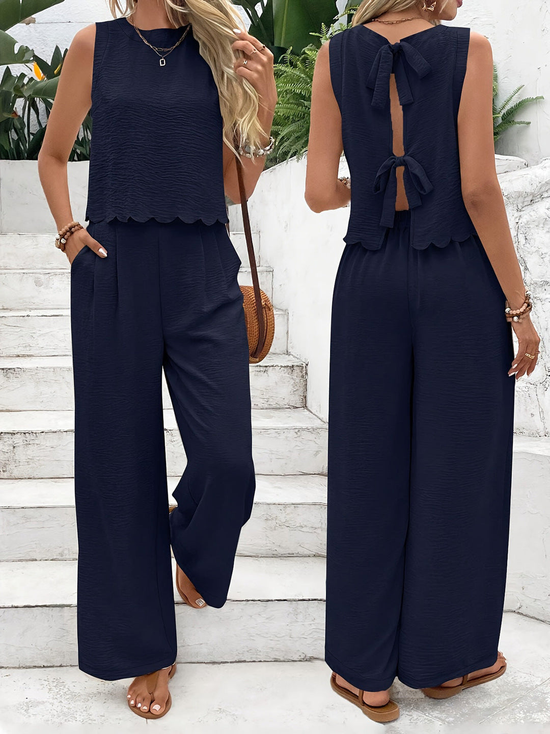 Damen lässiger Jumpsuit mit schickem Rückenausschnitt und weitem Bein W&W Mode