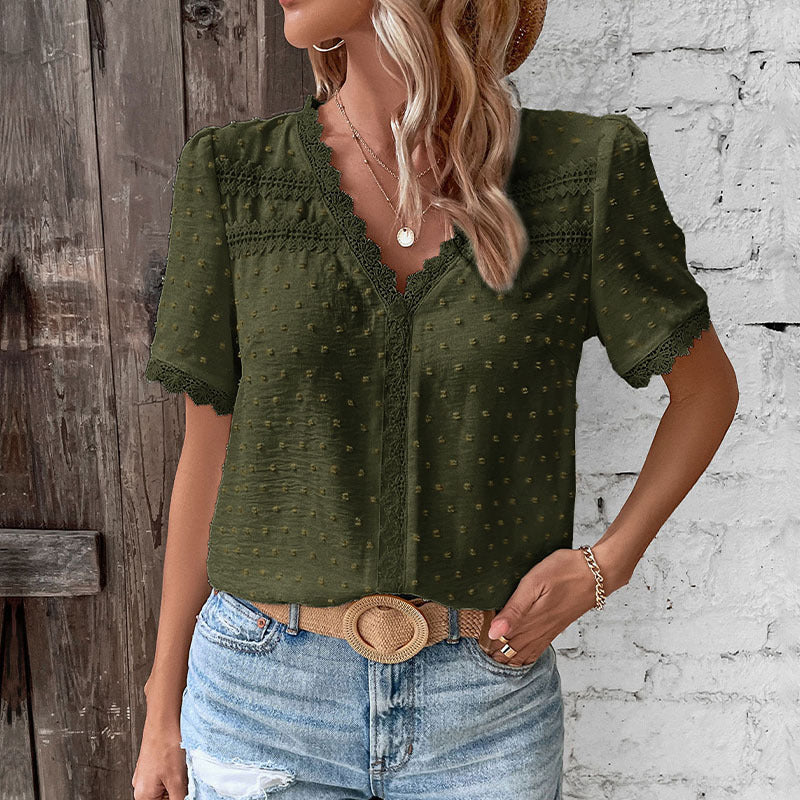 Damen Kurzarmbluse mit Spitzenbesatz und strukturiertem Design W&W Mode