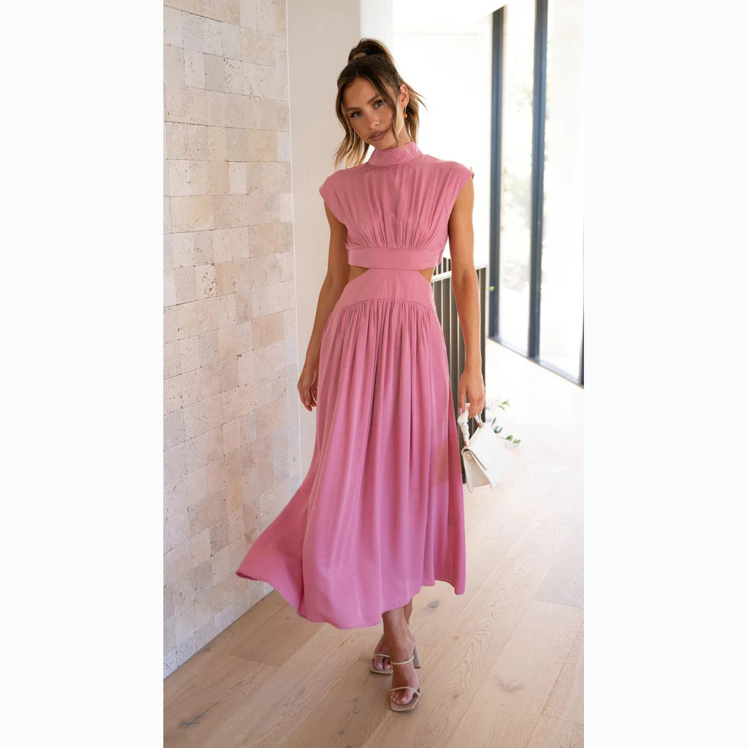 Damen elegantes Maxikleid mit hohem Kragen und seitlichen Cut-Outs W&W Mode