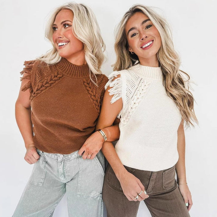 Damen elegantes Stricktop mit raffiniertem Häkelmuster und Fransen W&W Mode