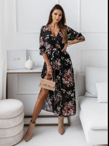 W&W Mode | Kurzarm Split Chiffon Bedrucktes Maxikleid