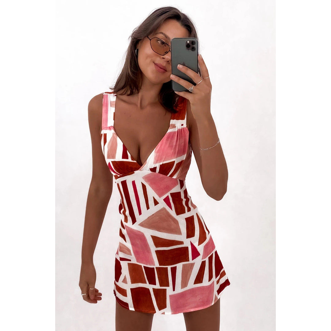 Damen figurbetontes Minikleid mit auffälligem geometrischem Design und tiefem V-Ausschnitt W&W Mode