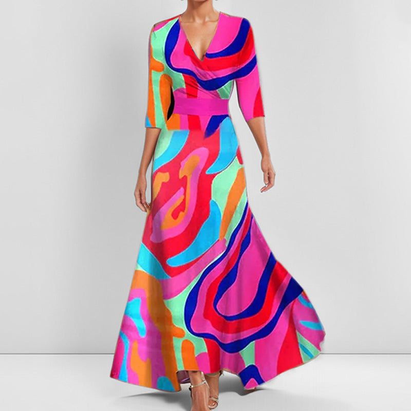 W&W Mode | Elegantes V-Ausschnitt bedrucktes Taillenkleid mit Schößchen