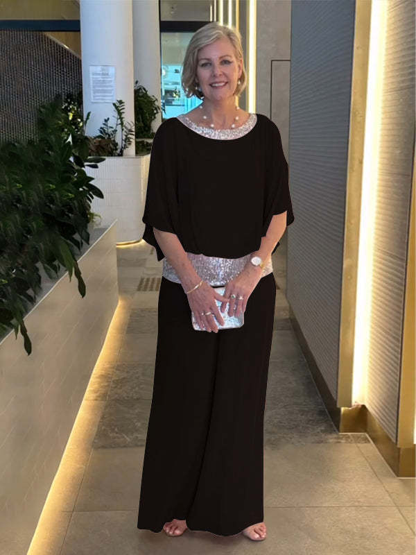 Damen elegante Jumpsuit mit schimmerndem Taillenbund W&W Mode
