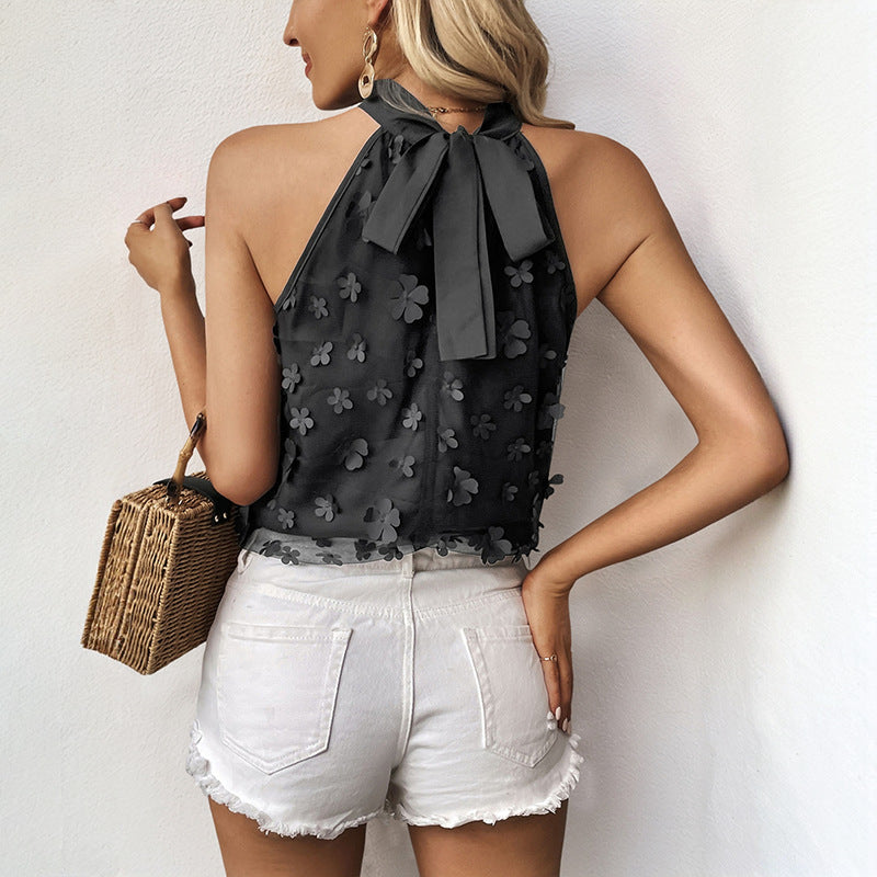 Damen blumenverzierte Chiffon Bluse mit hochgeschlossenem Kragen W&W Mode