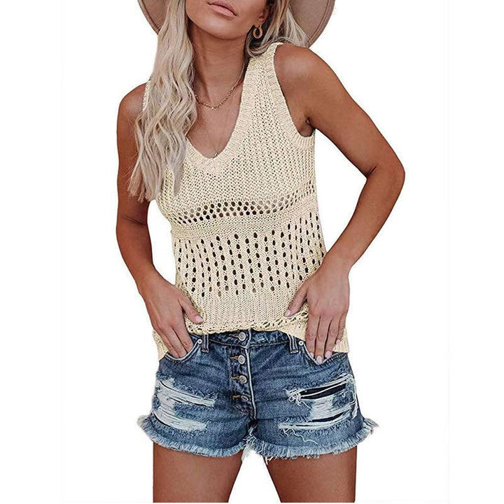 Damen luftiges Stricktop mit V-Ausschnitt und feinen Lochmustern W&W Mode