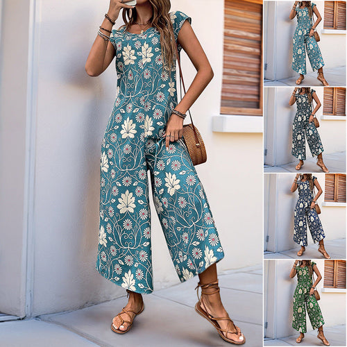 Damen Jumpsuit mit floralem Design und kastanienbraunem Bindegürtel W&W Mode