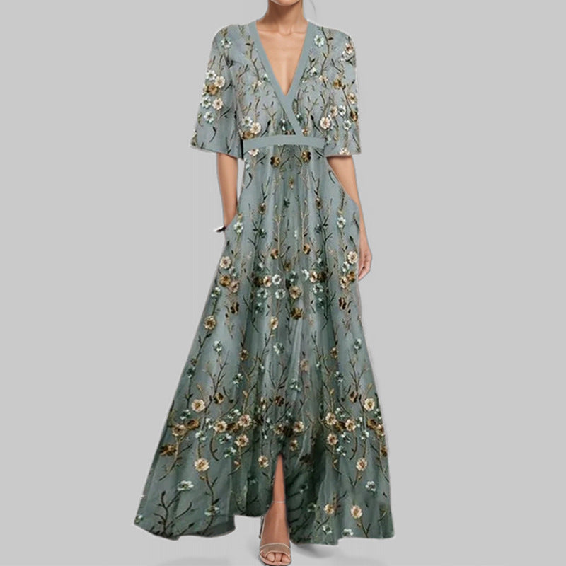 W&W Mode | Elegantes V-Ausschnitt bedrucktes Taillenkleid mit Schößchen