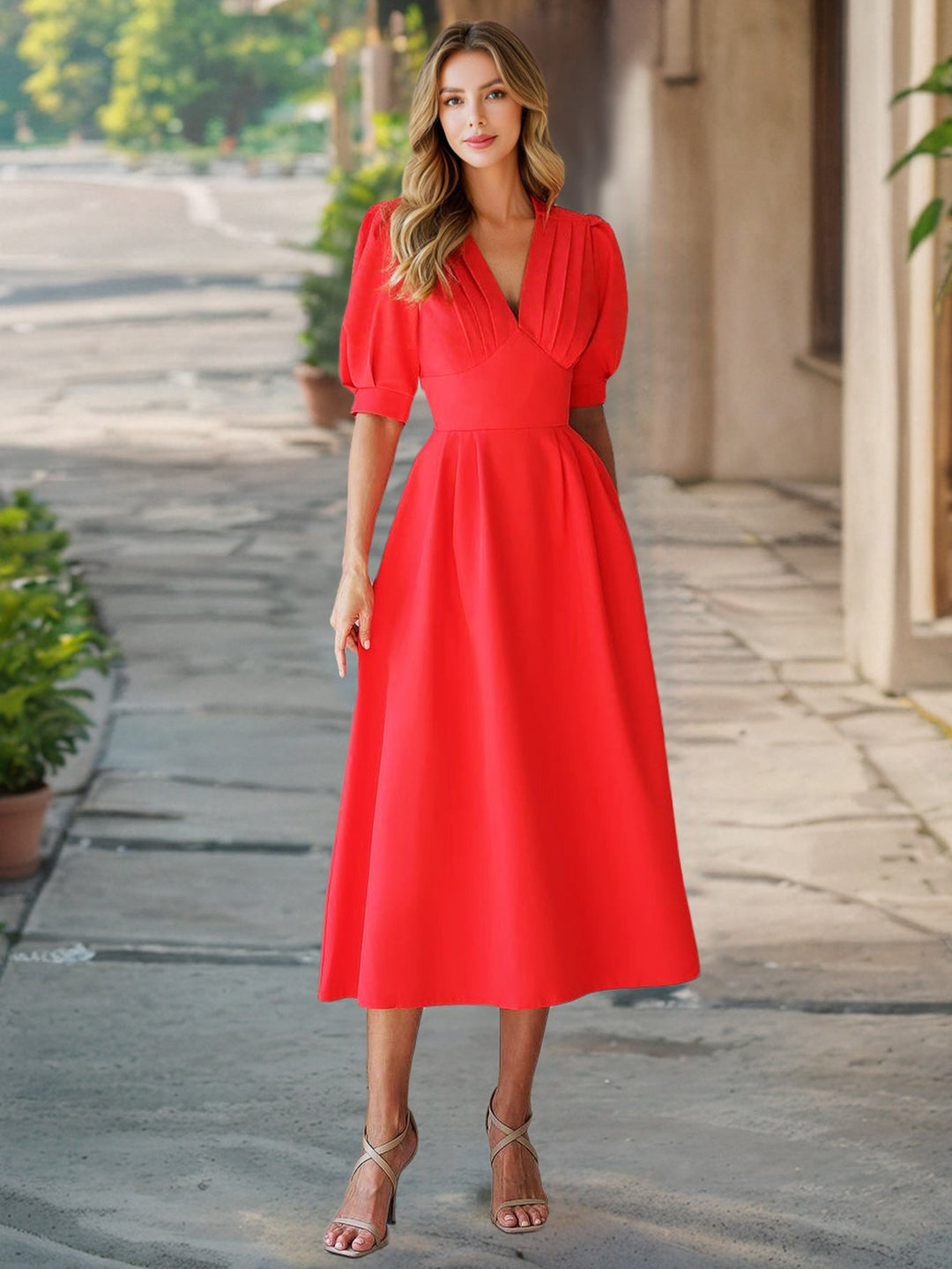 Damen Midi Kleid mit Puffärmeln W&W Mode