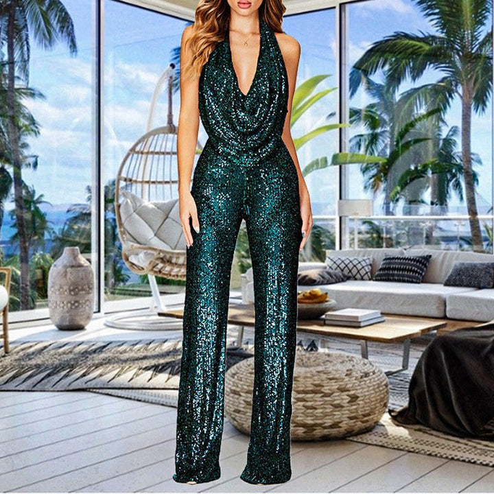 Damen Glamouröser Jumpsuit mit schimmerndem Paillettenbesatz und tiefem V-Ausschnitt W&W Mode