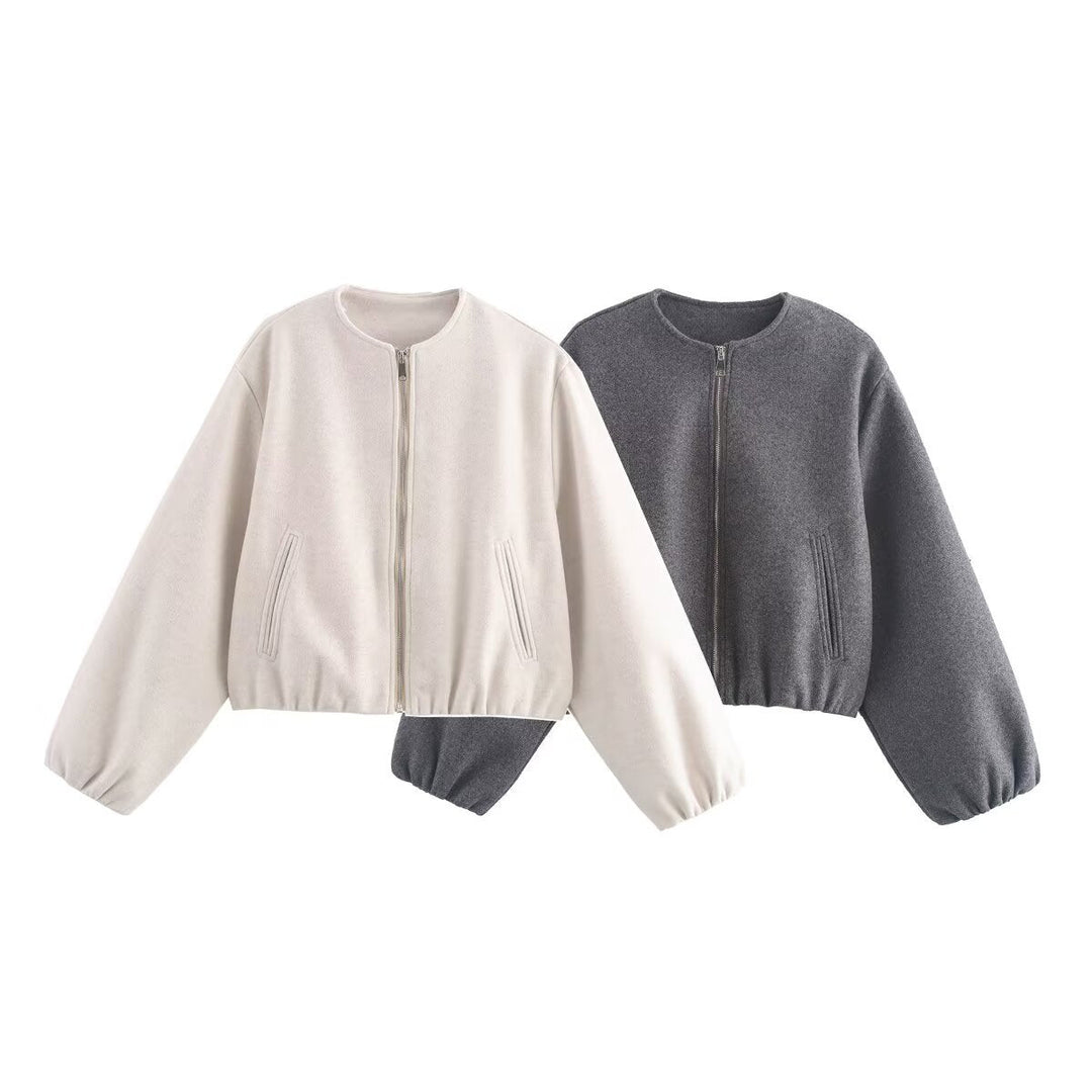 Damen lässige Kurzjacke mit voluminösen Ärmeln und metallischem Reißverschluss W&W Mode