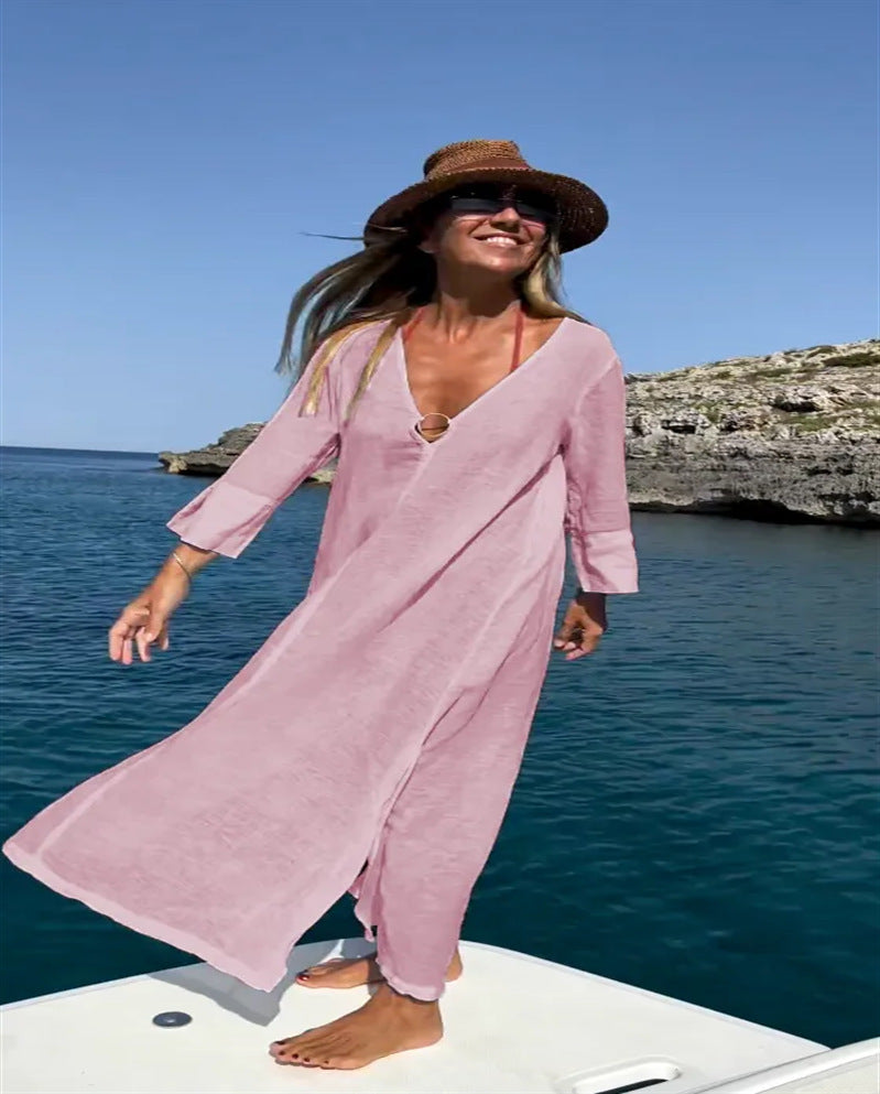 W&W Mode | Lockeres Baumwoll-Leinen Strand-Schutzkleid langer Länge