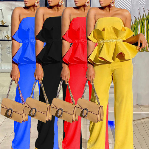 Damen Jumpsuit mit voluminösem Rüschendesign und schulterfreiem Oberteil W&W Mode