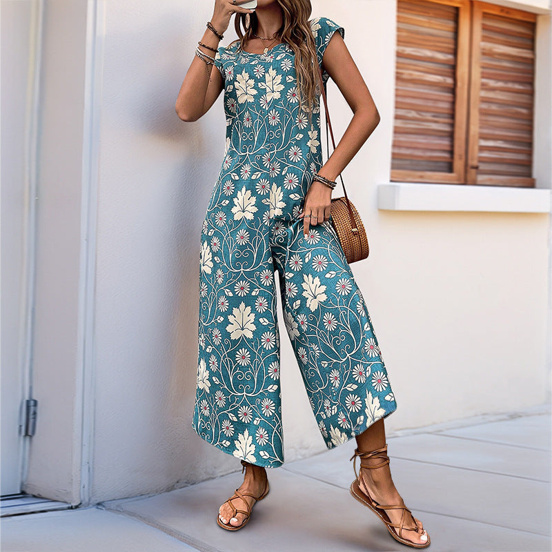 Damen Jumpsuit mit floralem Design und kastanienbraunem Bindegürtel W&W Mode