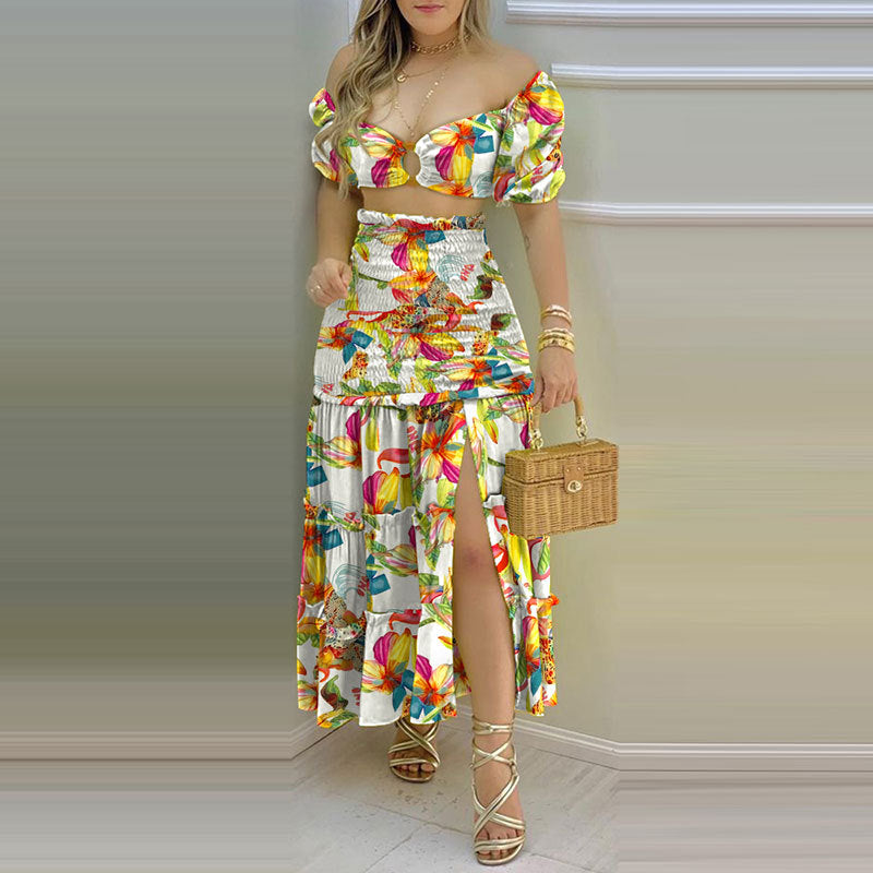 Damen Zweiteiler mit schulterfreiem Crop-Top und schwingendem Rock W&W Mode