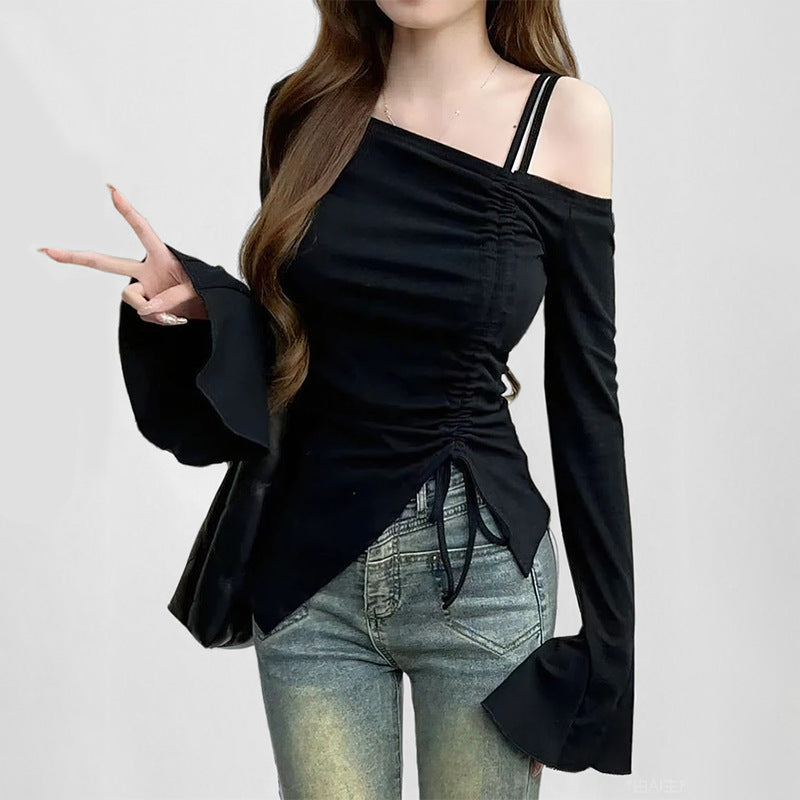 Damen Top mit schulterfreiem Design und raffinierten Rüschenärmeln W&W Mode