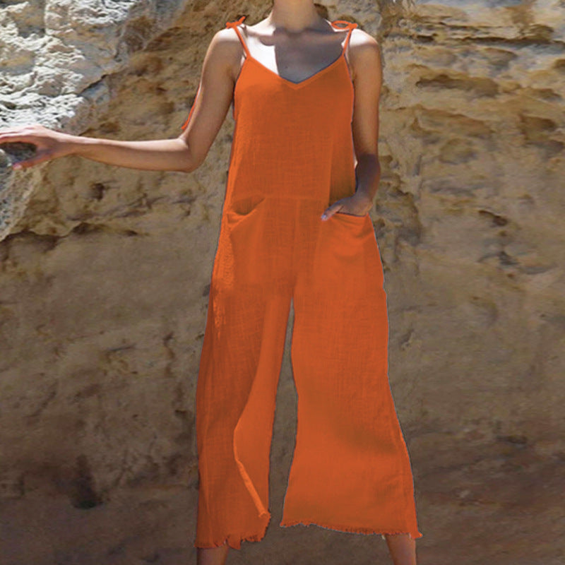 Damen Leinen-Jumpsuit mit stylischem V-Ausschnitt und praktischen Taschen W&W Mode