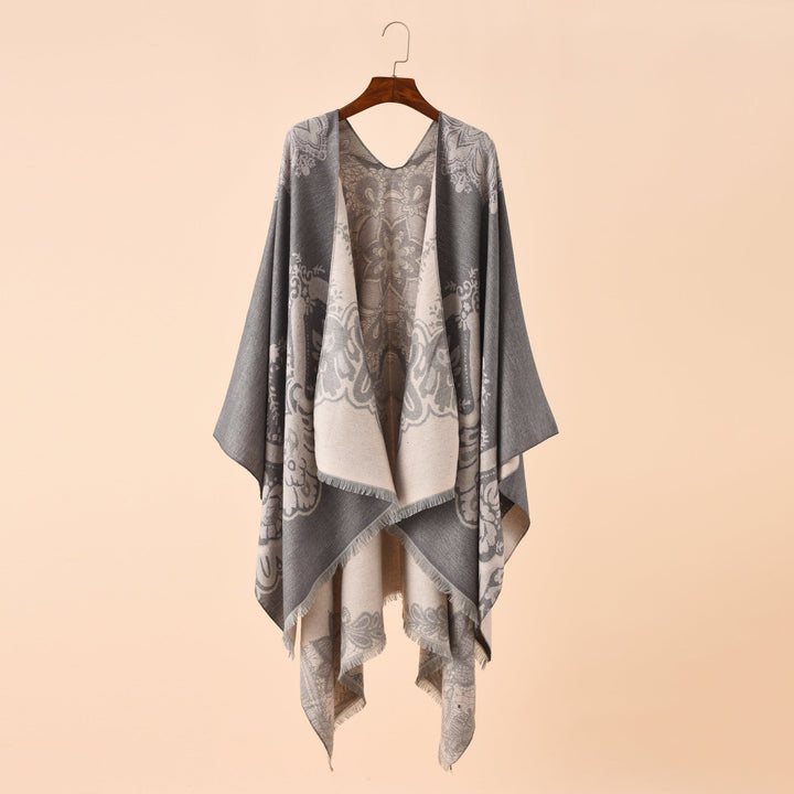 Damen Eleganter Kimono-Poncho mit kunstvollem Muster und fransigen Kanten W&W Mode