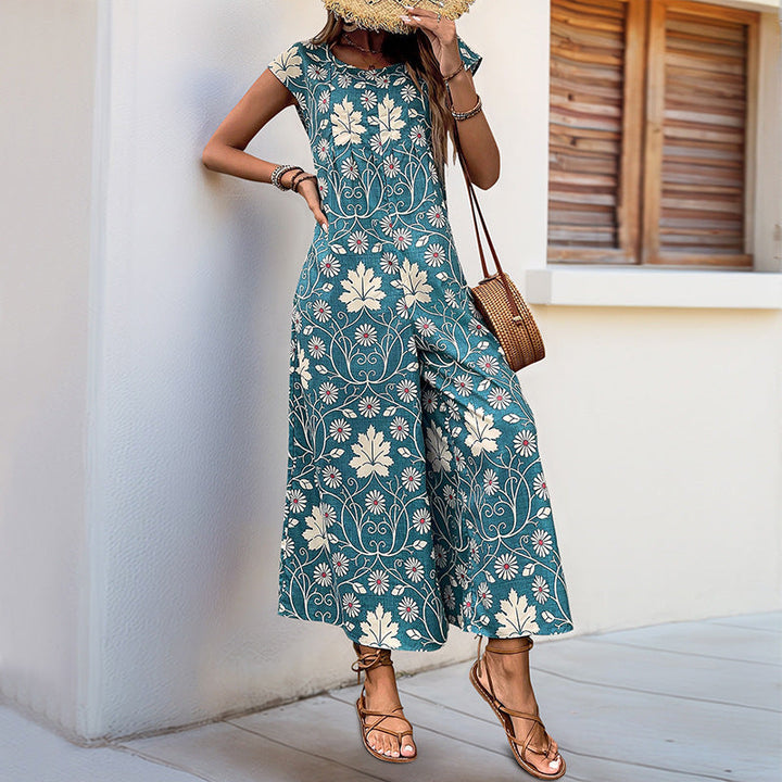 Damen Jumpsuit mit floralem Design und kastanienbraunem Bindegürtel W&W Mode